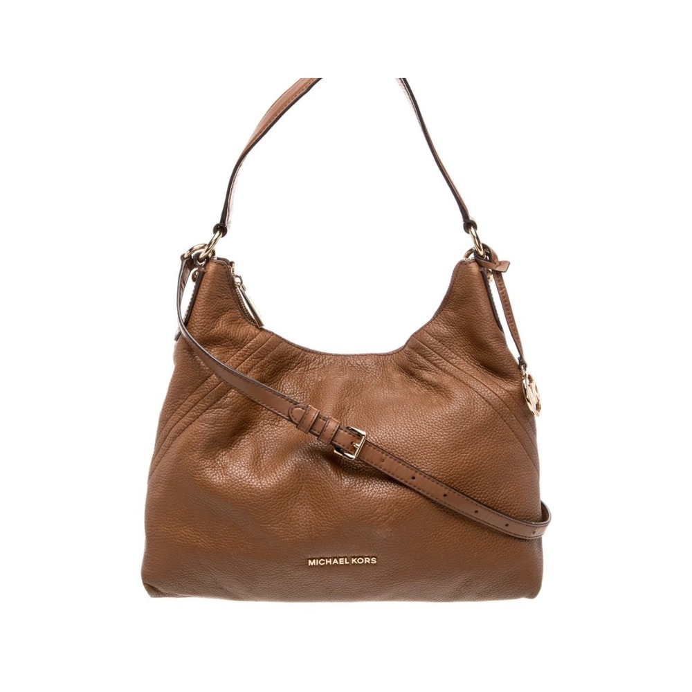 Michael Kors Aria Brown Pebbled Leather Hobo Shoulder Bag Crossbody Gold Tone